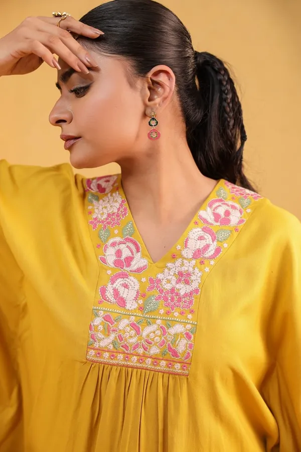 Yellow_Rayon_Embroidered_Kaftan_Style_Kurta_Palazzo_Set_For_Women