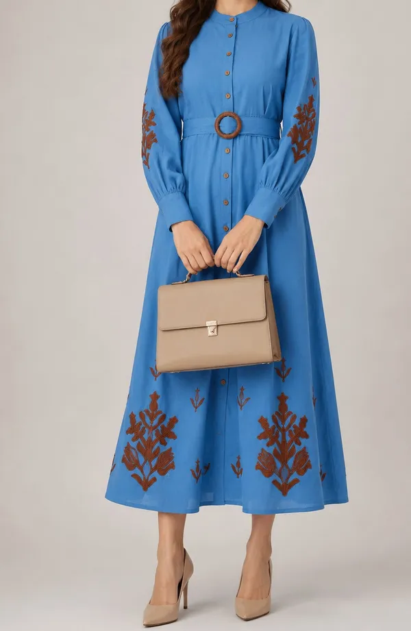 Blue_Embroidered_Long_Sleeve_Fit_And_Flare_Midi_Dress_For_Women