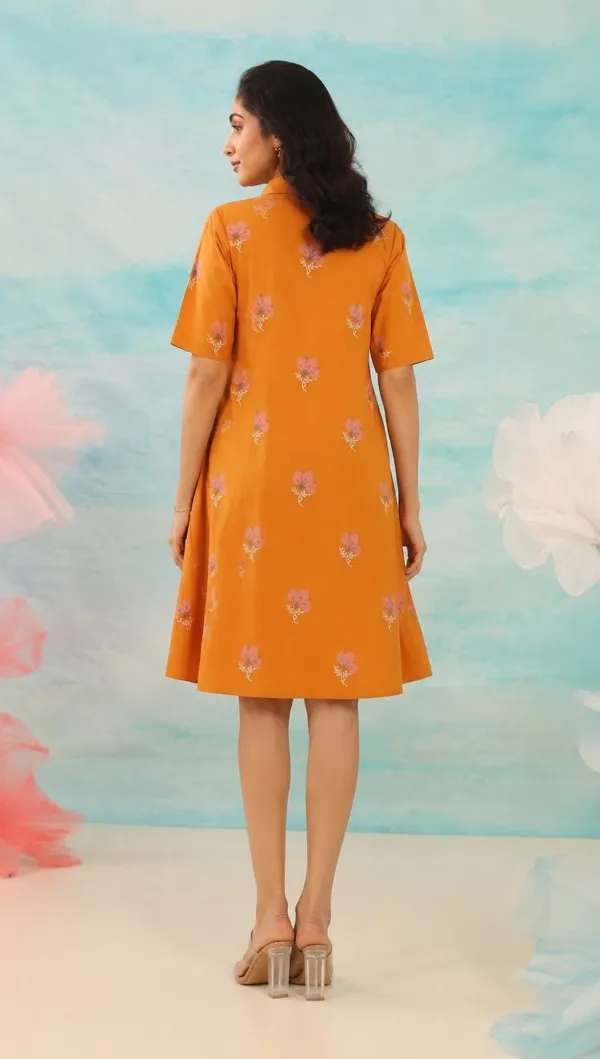 Orange_Floral_Print_Collared_Shirt_Dress_For_Women