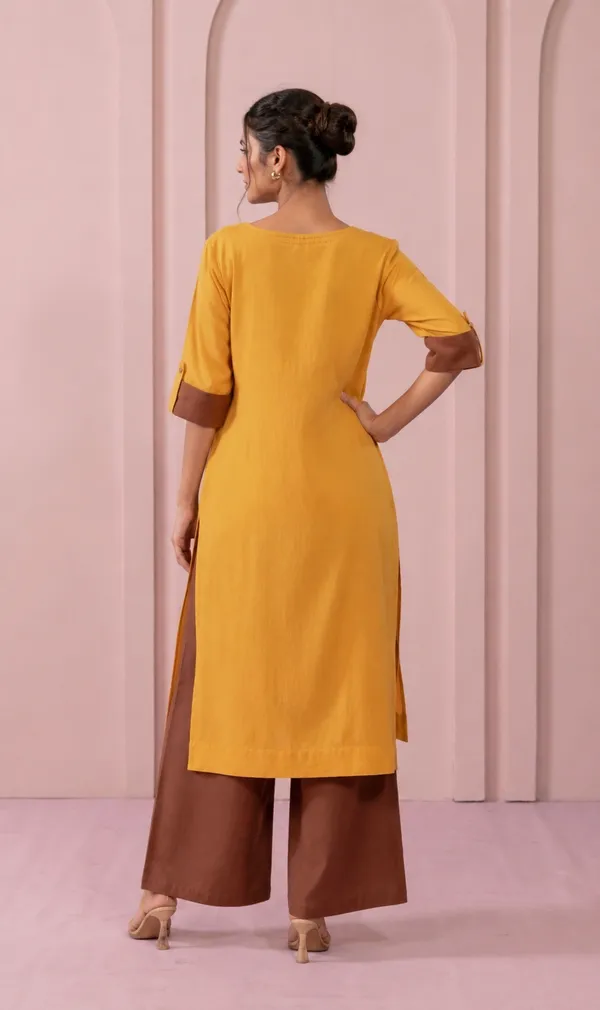 Mustard_Yellow_Rayon_Straight_Kurta_With_Brown_Palazzo_Set_For_Women