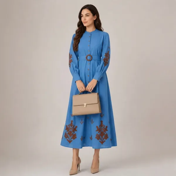 Blue_Embroidered_Long_Sleeve_Fit_And_Flare_Midi_Dress_For_Women