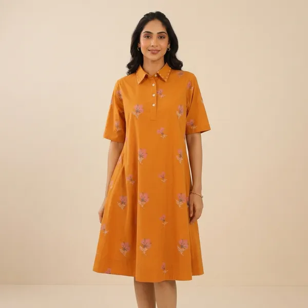 Orange_Floral_Print_Collared_Shirt_Dress_For_Women