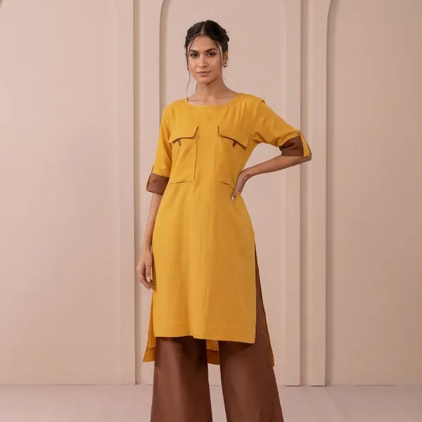 Mustard_Yellow_Rayon_Straight_Kurta_With_Brown_Palazzo_Set_For_Women