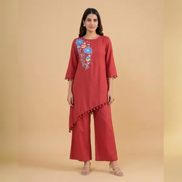 Coral_Red_Rayon_Floral_Embroidered_Asymmetric_Kurta_Set_For_Women