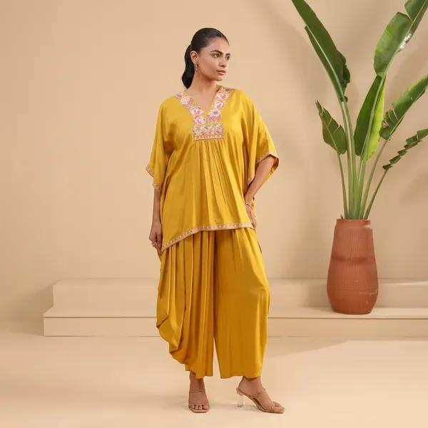 Yellow_Rayon_Embroidered_Kaftan_Style_Kurta_Palazzo_Set_For_Women