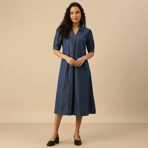 Navy_Blue_A-Line_Midi_Dress_With_V-Neck_For_Women