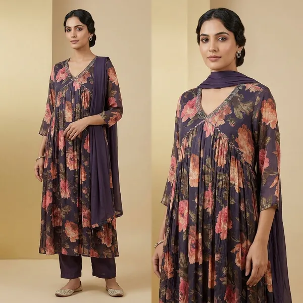 Navy_Floral_Print_Long_Sleeve_Dress_For_Women