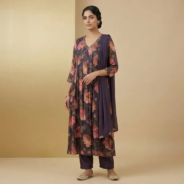 Navy_Floral_Print_Long_Sleeve_Dress_For_Women