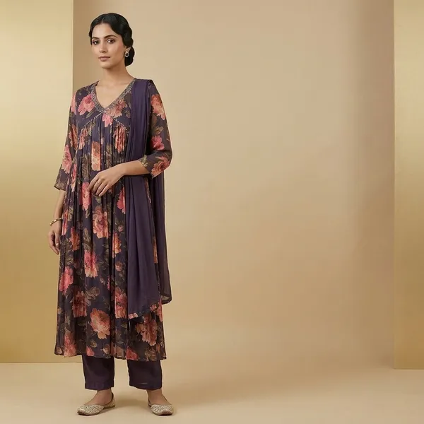 Navy_Floral_Print_Long_Sleeve_Dress_For_Women