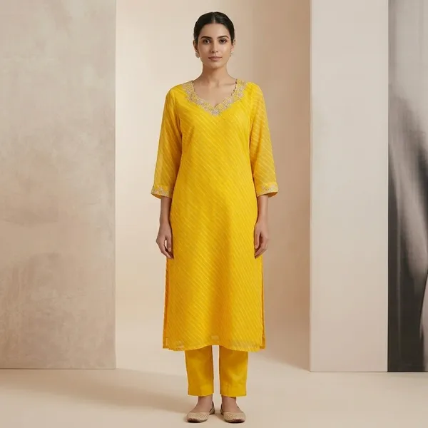 Yellow_Georgette_Embroidered_V-Neck_Kurta_Set_For_Women