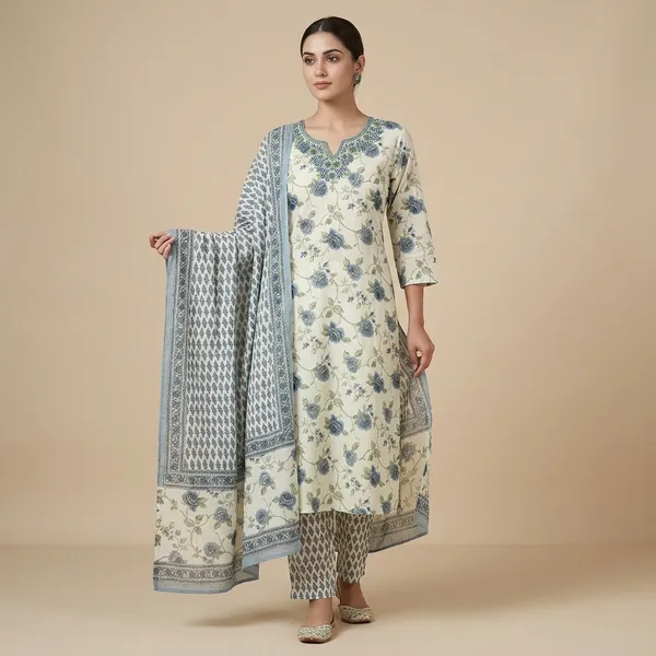 Off-White_Cotton_Floral_Print_Embroidered_Kurta_Set_For_Women