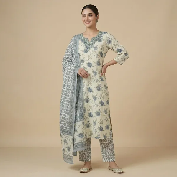 Off-White_Cotton_Floral_Print_Embroidered_Kurta_Set_For_Women