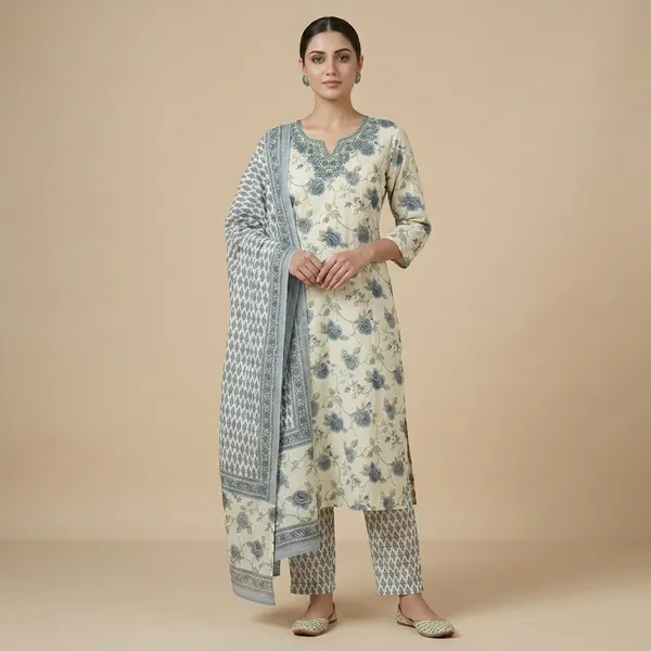 Off-White_Cotton_Floral_Print_Embroidered_Kurta_Set_For_Women