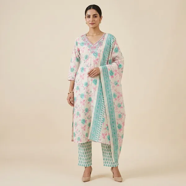 White_Floral_Print_Embroidered_Kurta_Set_For_Women