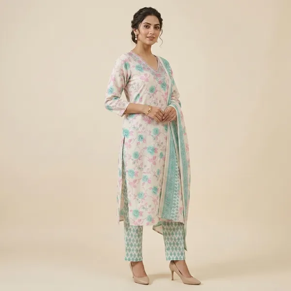 White_Floral_Print_Embroidered_Kurta_Set_For_Women