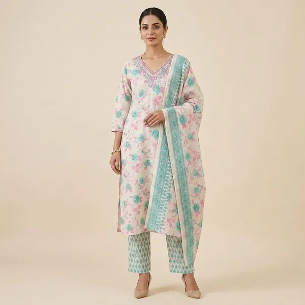 White_Floral_Print_Embroidered_Kurta_Set_For_Women