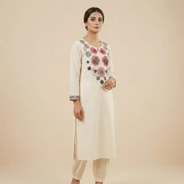 White_Cotton_Floral_Embroidered_Kurta_Set_For_Women
