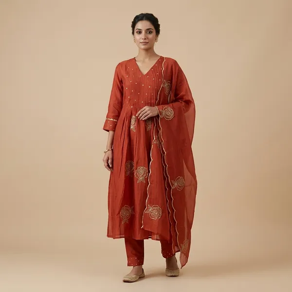 Orange_Floral_Embroidered_V-Neck_Kurta_Set_For_Women