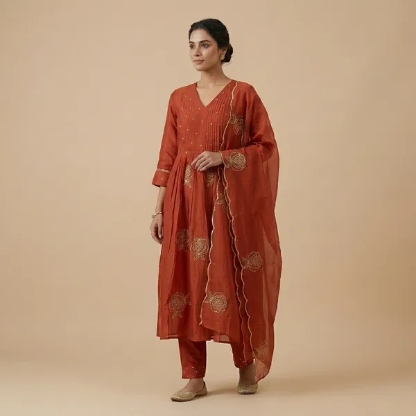 Orange_Floral_Embroidered_V-Neck_Kurta_Set_For_Women