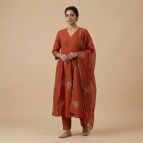 Orange_Floral_Embroidered_V-Neck_Kurta_Set_For_Women