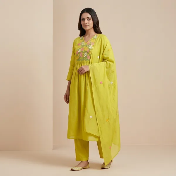 Yellow_Cotton_Embroidered_V-Neck_Kurta_Set_For_Women