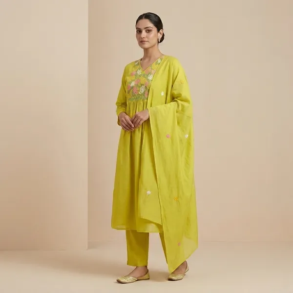 Yellow_Cotton_Embroidered_V-Neck_Kurta_Set_For_Women
