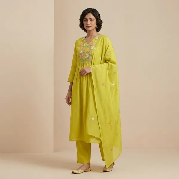 Yellow_Cotton_Embroidered_V-Neck_Kurta_Set_For_Women