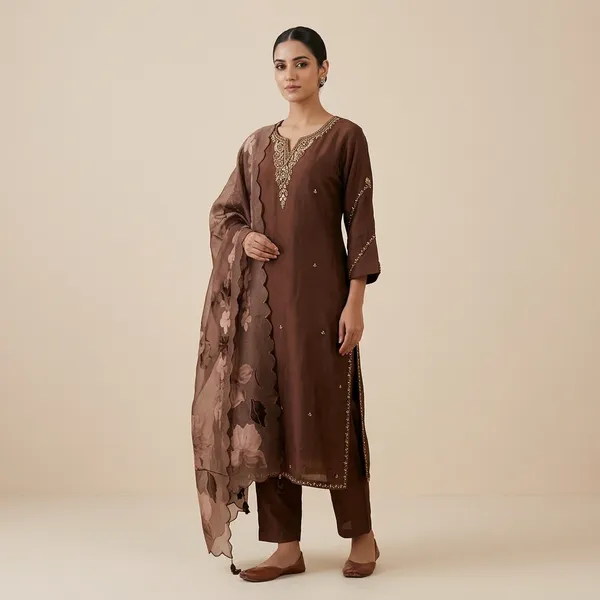 Brown_Embellished_Sequin_Work_Kurta_Set_For_Women