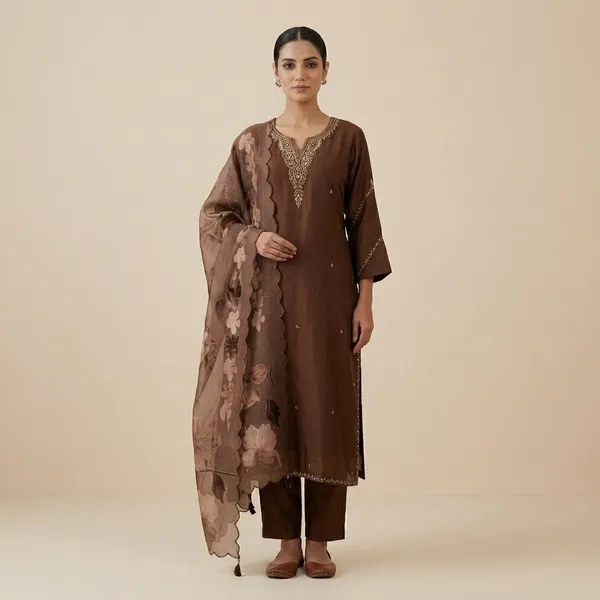 Brown_Embellished_Sequin_Work_Kurta_Set_For_Women