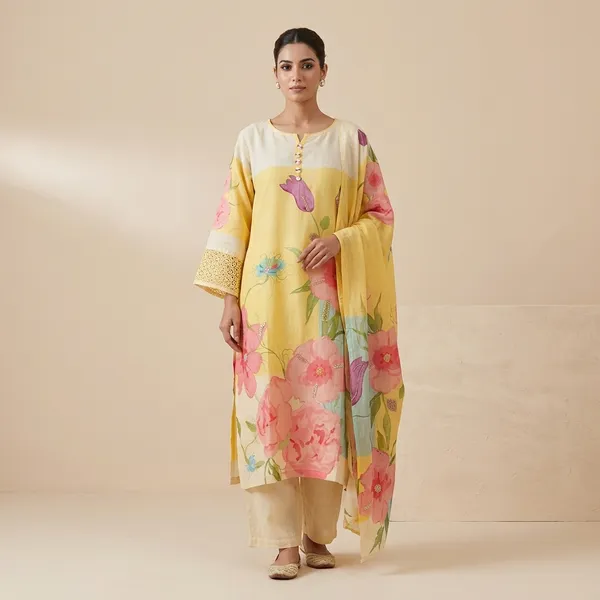 Yellow_Floral_Print_Straight_Kurta_Set_For_Women