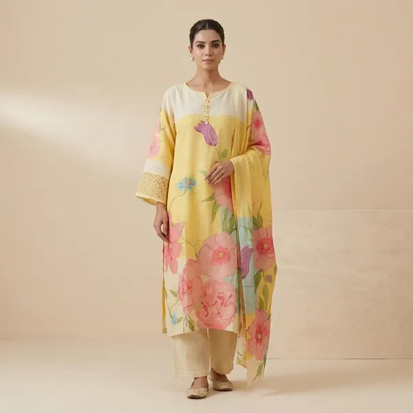 Yellow_Floral_Print_Straight_Kurta_Set_For_Women