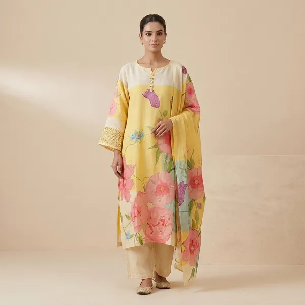 Yellow_Floral_Print_Straight_Kurta_Set_For_Women