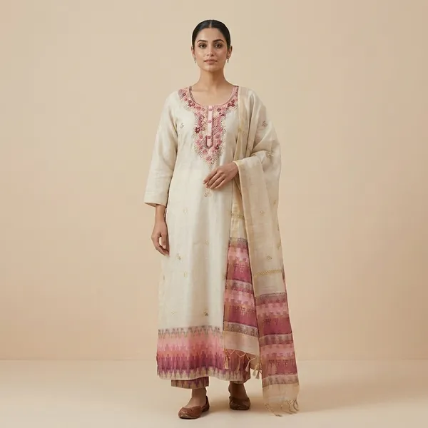 White_Cotton_Embroidered_Kurti_With_Printed_Dupatta_For_Women