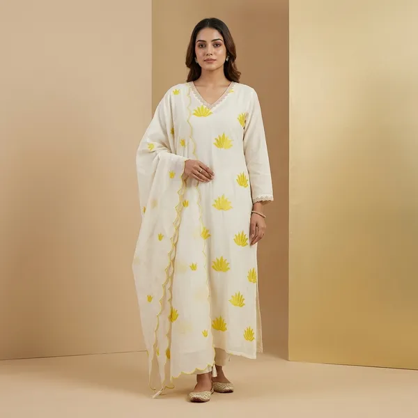 White_Cotton_Yellow_Floral_Print_V-Neck_Kurta_Set_For_Women