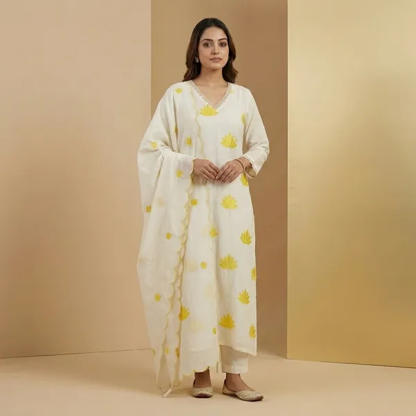 White_Cotton_Yellow_Floral_Print_V-Neck_Kurta_Set_For_Women