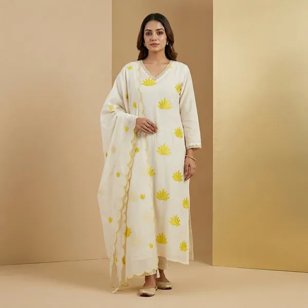 White_Cotton_Yellow_Floral_Print_V-Neck_Kurta_Set_For_Women