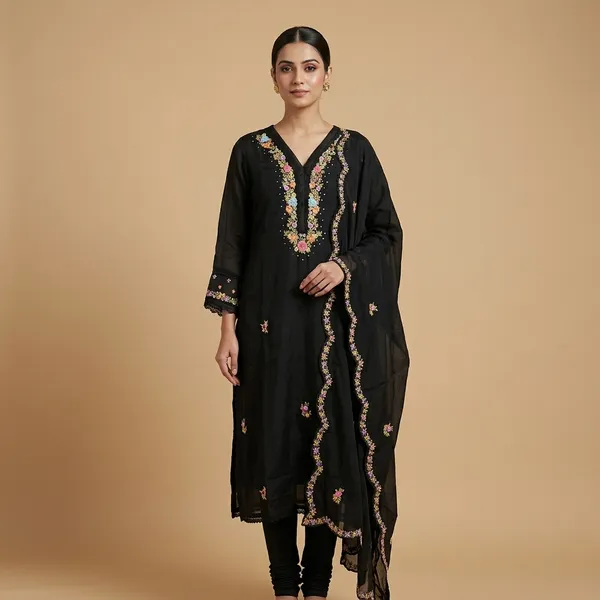 Black_Embroidered_Floral_Kurta_Set_For_Women