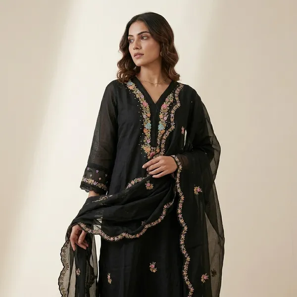 Black_Embroidered_Floral_Kurta_Set_For_Women