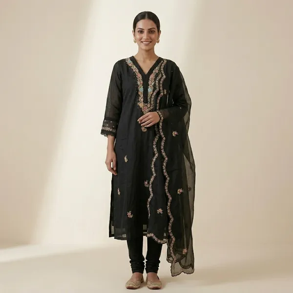 Black_Embroidered_Floral_Kurta_Set_For_Women