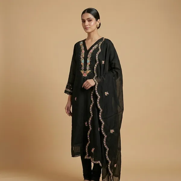 Black_Embroidered_Floral_Kurta_Set_For_Women