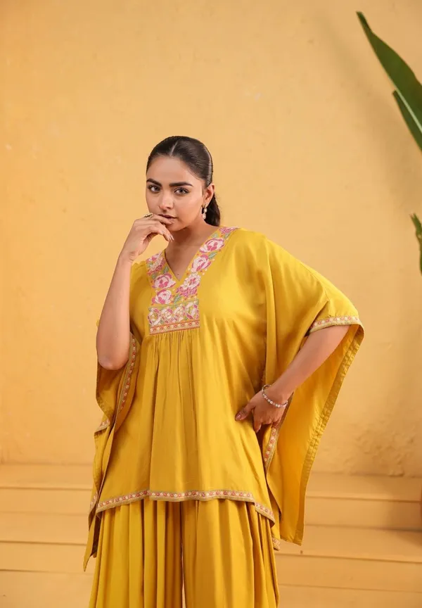 Yellow_Rayon_Embroidered_Kaftan_Style_Kurta_Palazzo_Set_For_Women