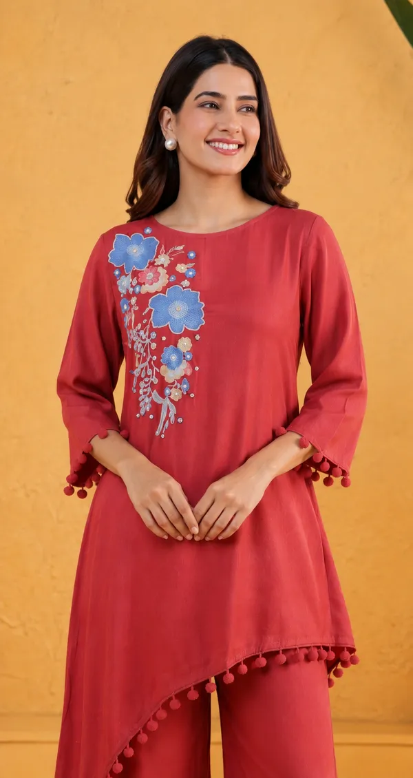 Coral_Red_Rayon_Floral_Embroidered_Asymmetric_Kurta_Set_For_Women