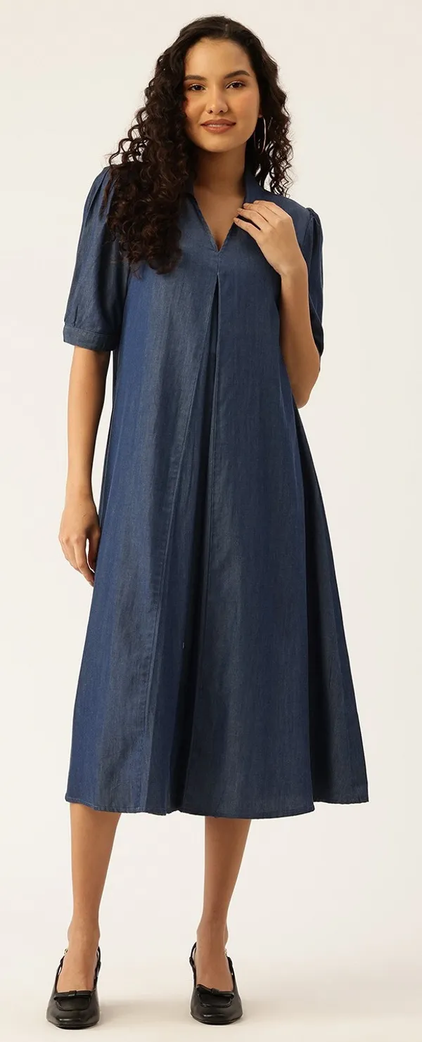 Navy_Blue_A-Line_Midi_Dress_With_V-Neck_For_Women