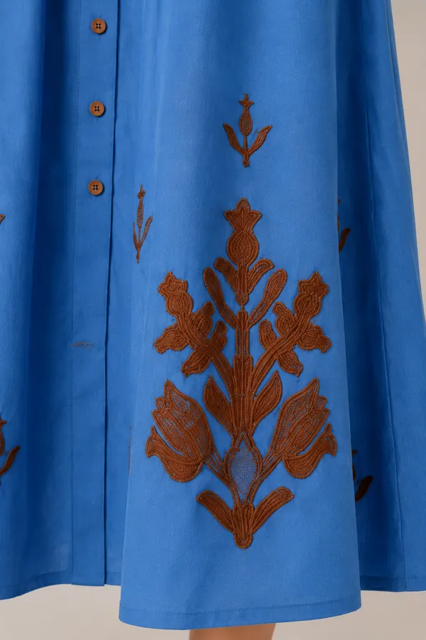 Blue_Embroidered_Long_Sleeve_Fit_And_Flare_Midi_Dress_For_Women