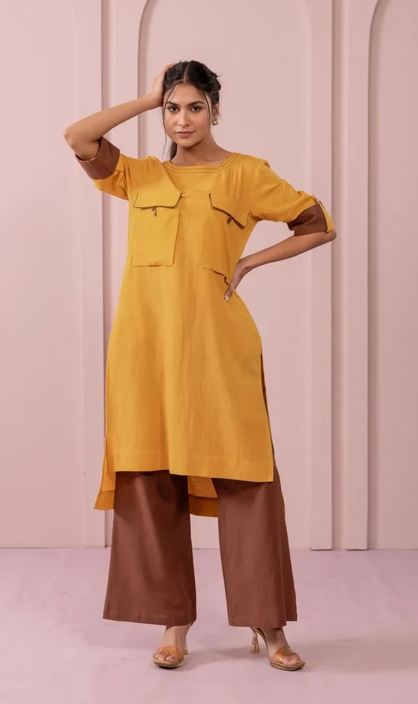 Mustard_Yellow_Rayon_Straight_Kurta_With_Brown_Palazzo_Set_For_Women
