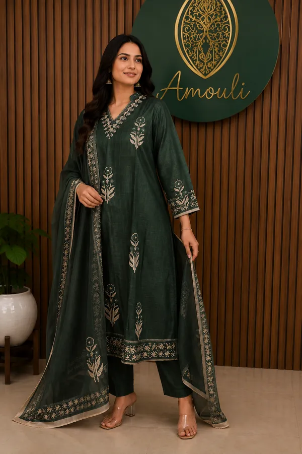bottle_green_kotadoriya_straigth__kurta_pant_set