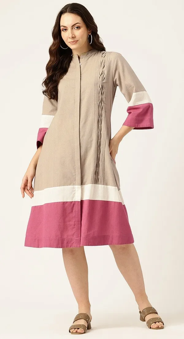 Beige_Cotton_Colorblock_Straight_Dress_For_Women