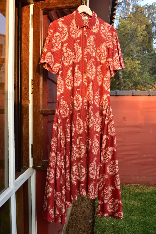 Red_Cotton_Kantha_Flared_Midi_Dress_For_Women