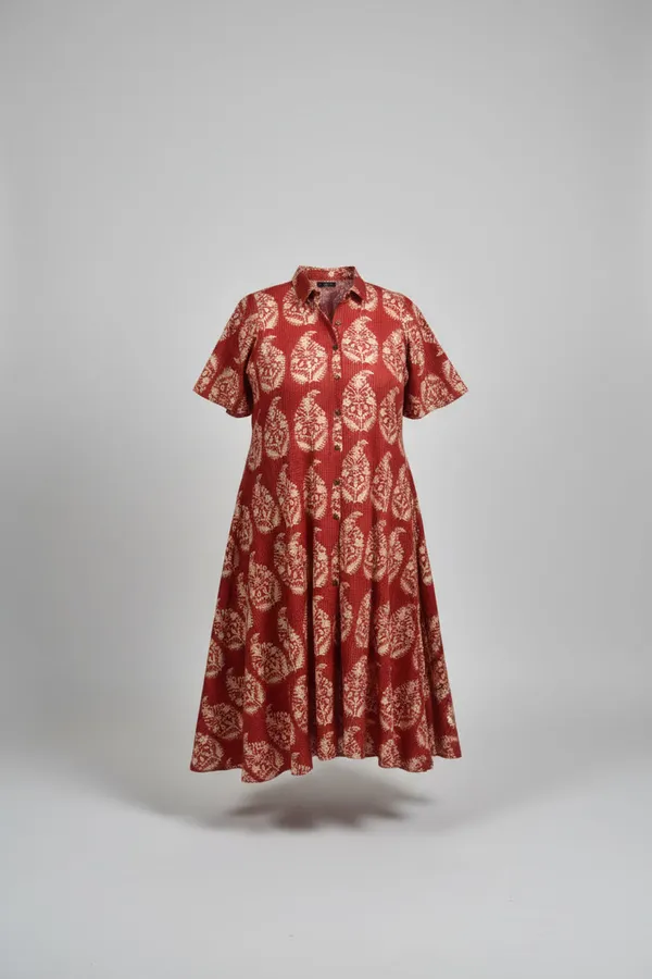 Red_Cotton_Kantha_Flared_Midi_Dress_For_Women