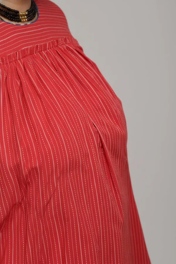 Red_Cotton_Kantha_Pleated_Midi_Dress_For_Women